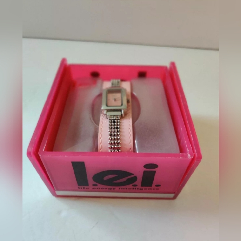 l.e.i. Pink Dial Silver Tone Rectangle Face Women's Watch in Case